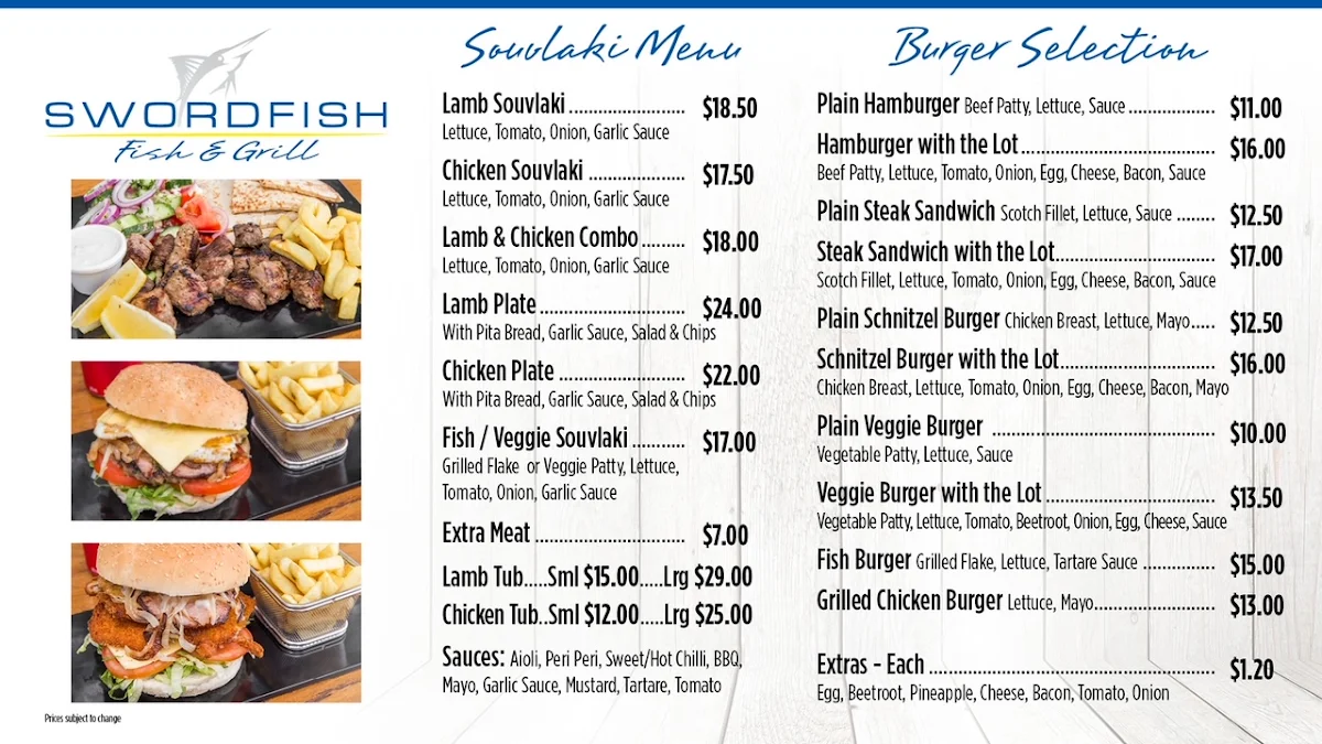 Menu, Swordfish Fish & Grill