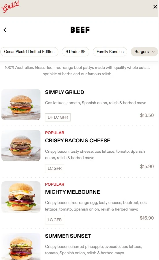 Menu, Grill'd Burgers - Melbourne Emporium