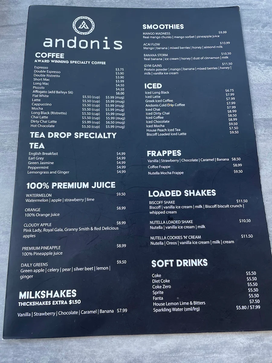 Menu, Andonis Cafe & Bar, Stretton
