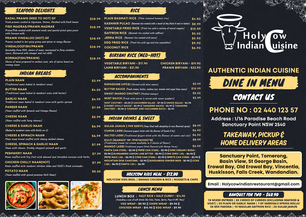 Menu, Holy Cow Indian Cuisine