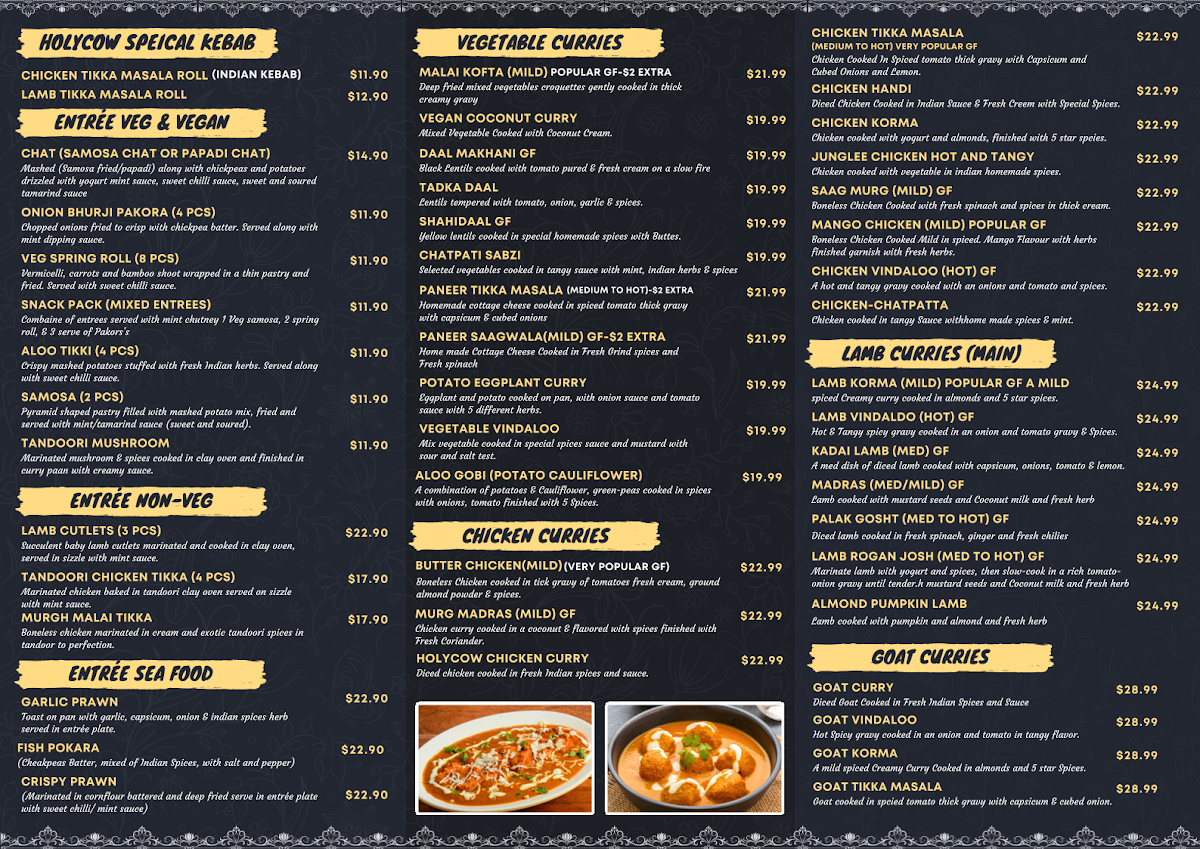 Menu, Holy Cow Indian Cuisine
