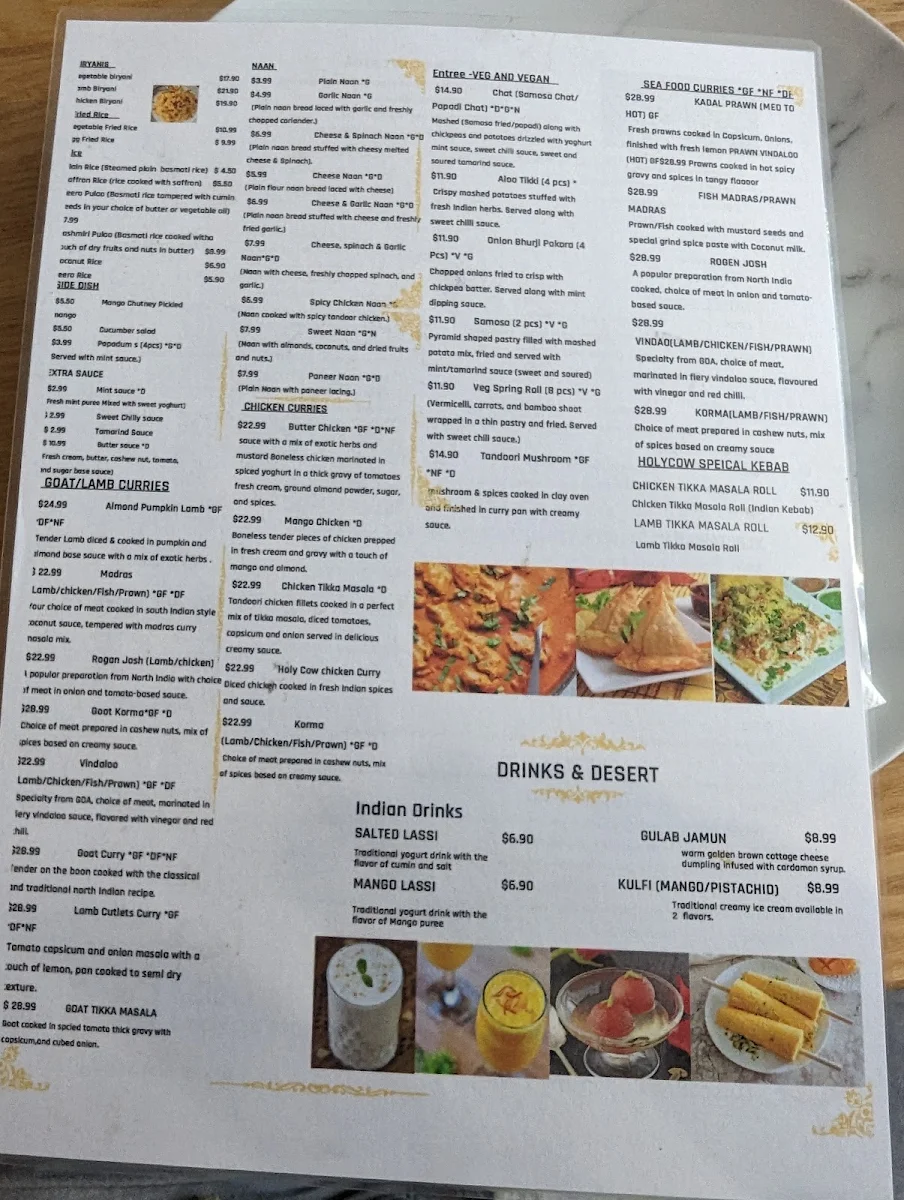 Menu, Holy Cow Indian Cuisine