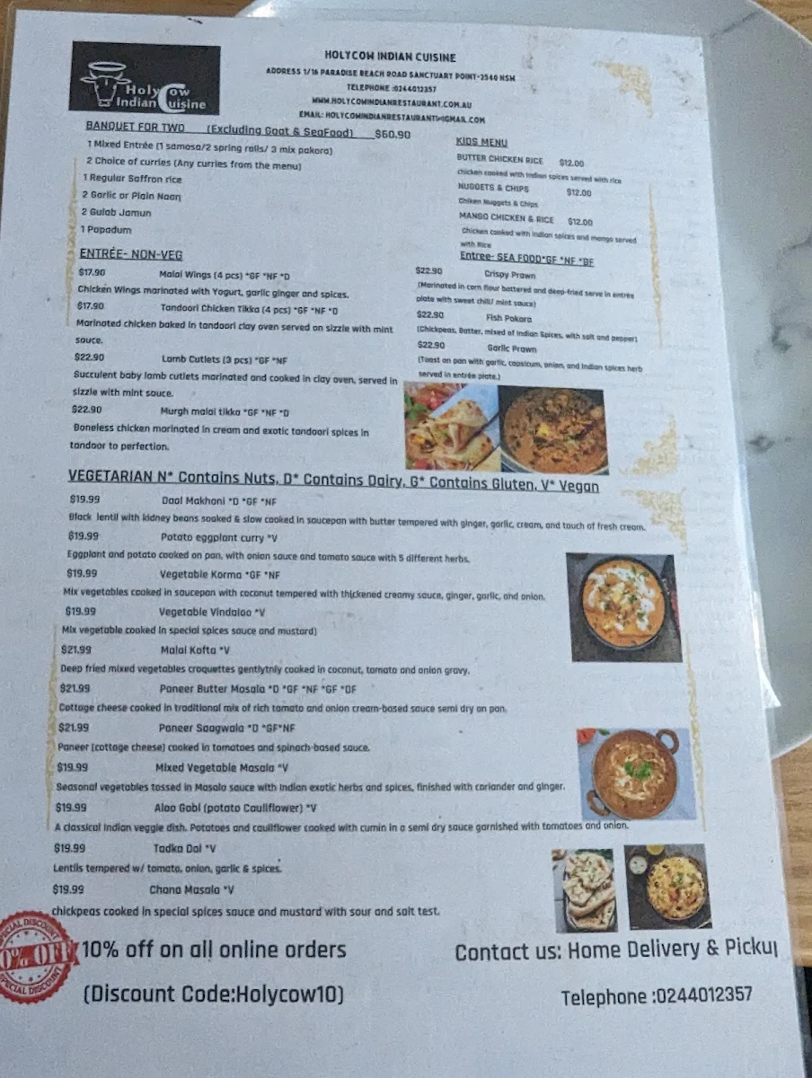 Menu, Holy Cow Indian Cuisine