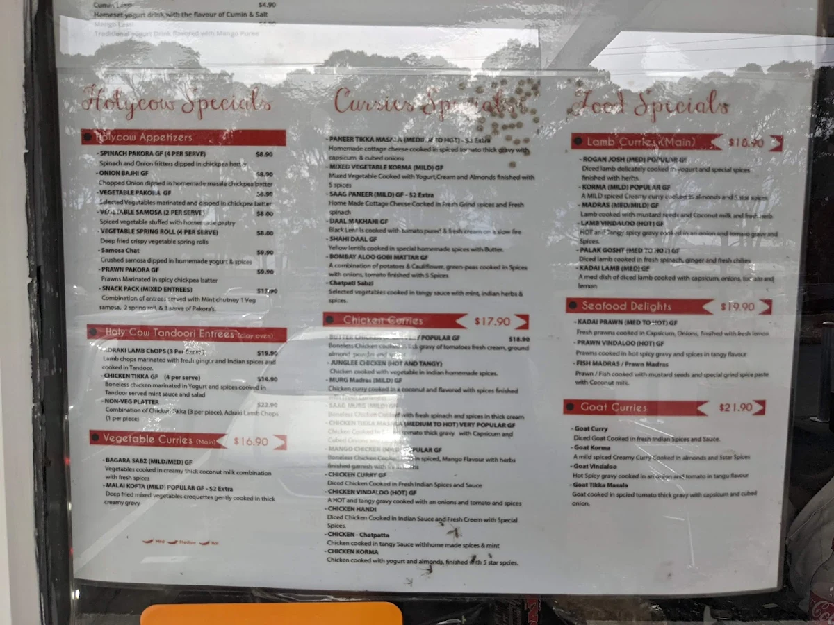 Menu, Holy Cow Indian Cuisine