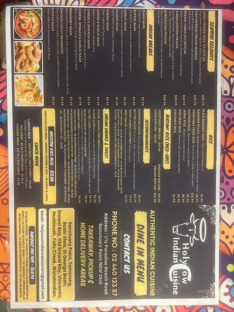 Menu, Holy Cow Indian Cuisine