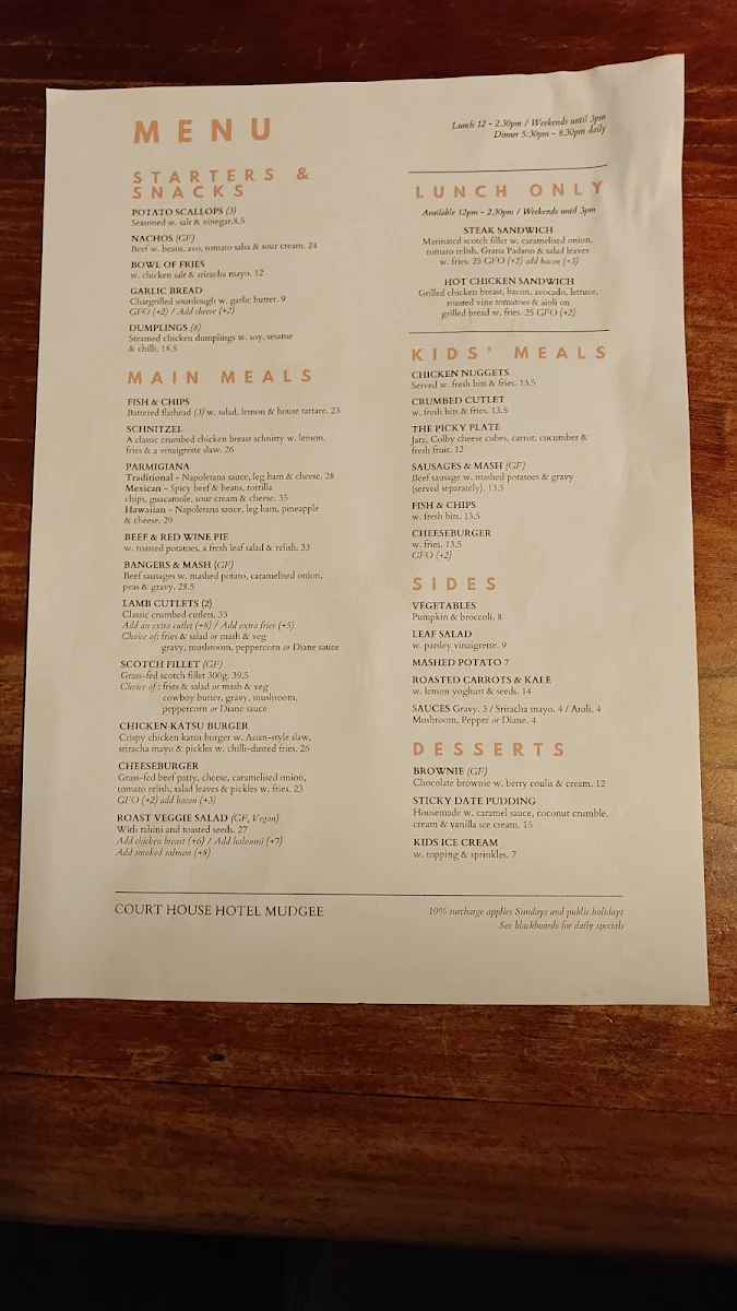 Menu, Court House Hotel