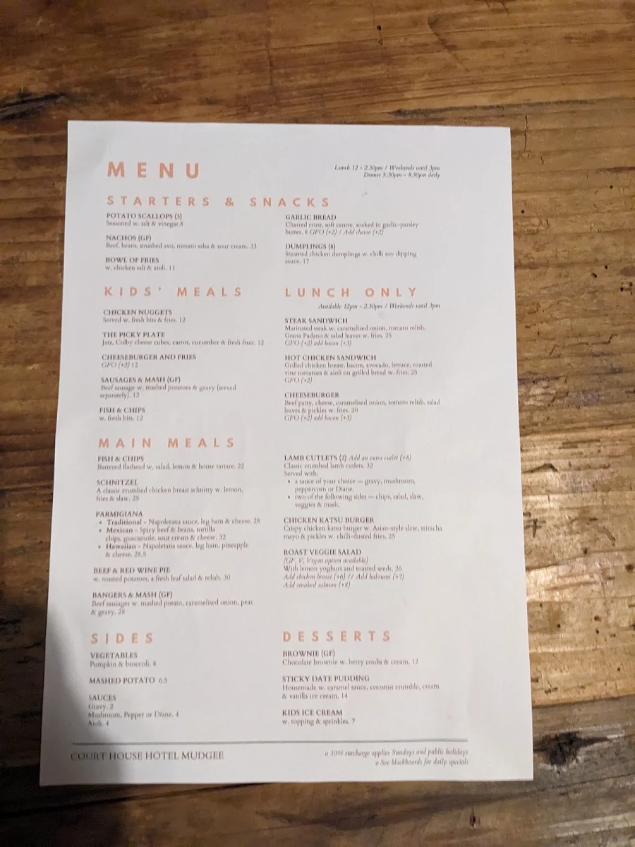Menu, Court House Hotel