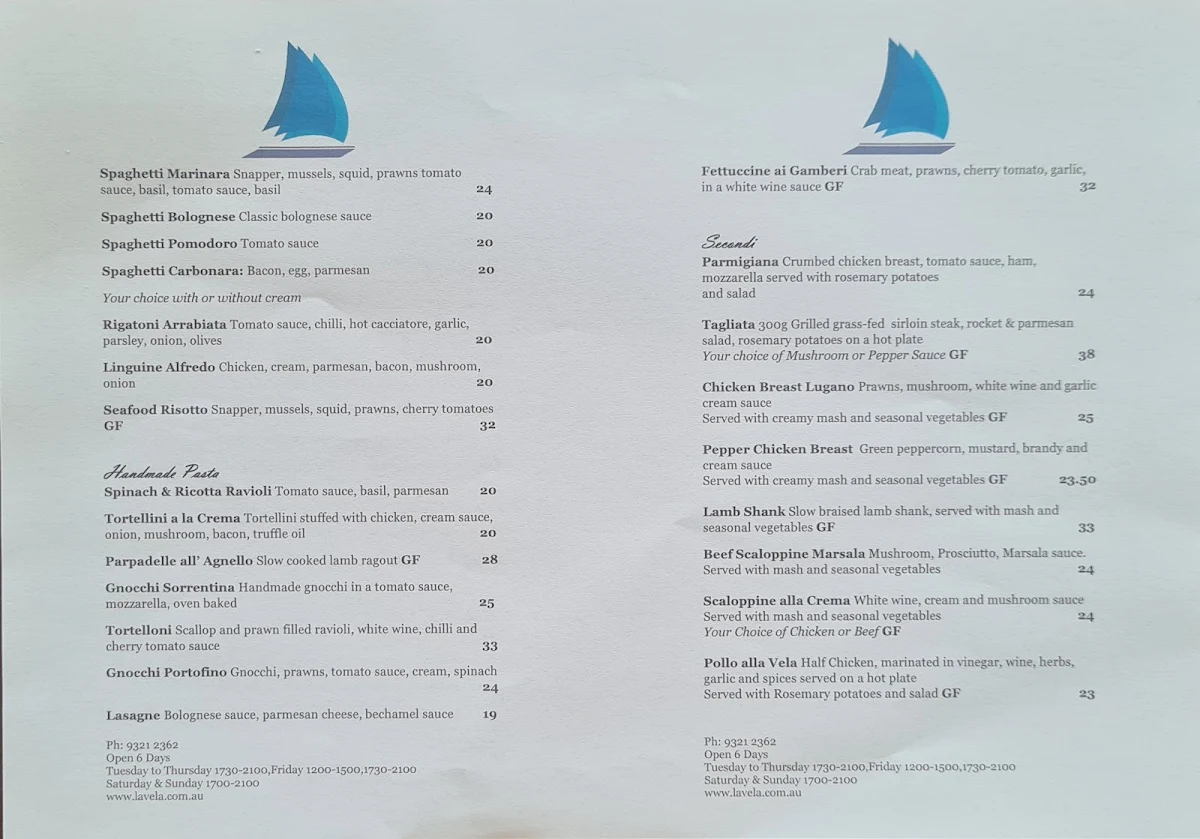 Menu, La Vela Restaurant