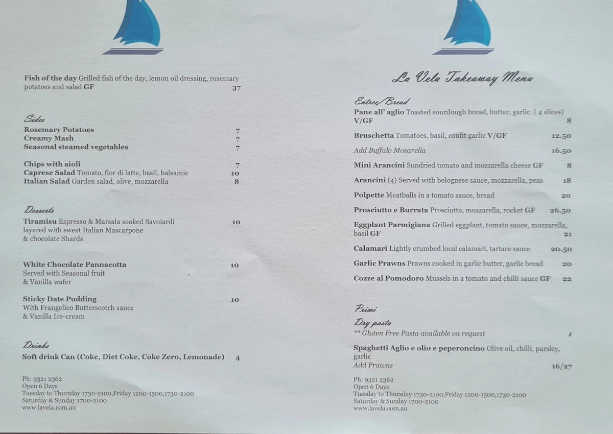 Menu, La Vela Restaurant
