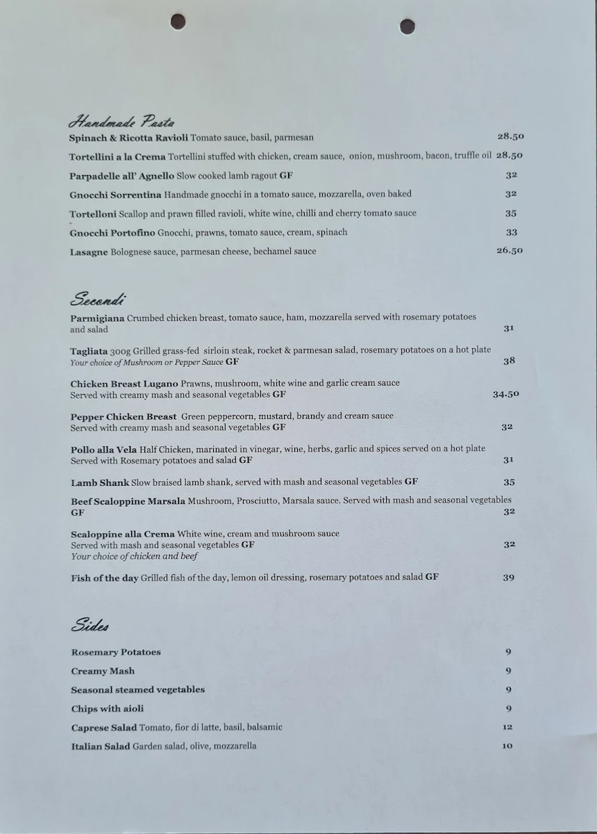 Menu, La Vela Restaurant
