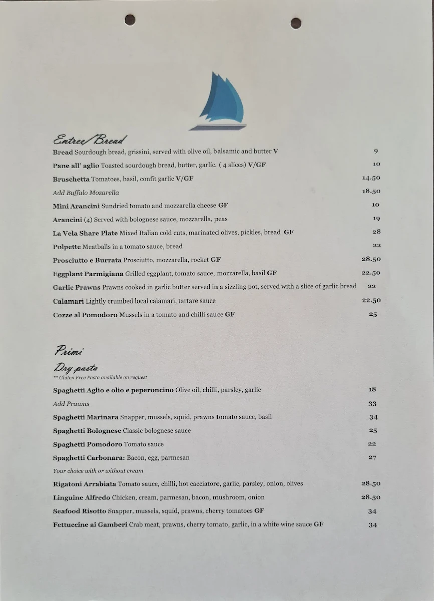 Menu, La Vela Restaurant