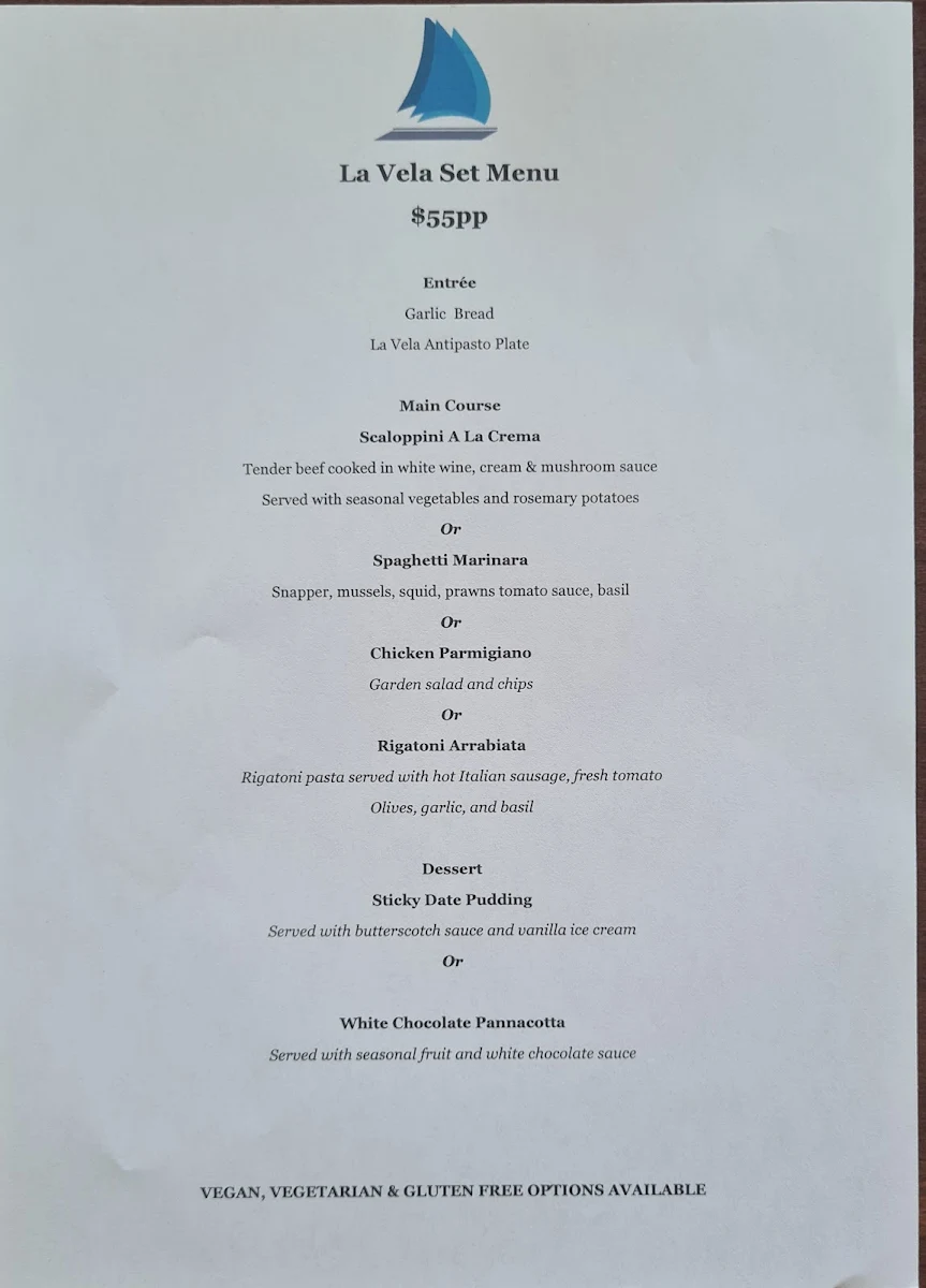 Menu, La Vela Restaurant