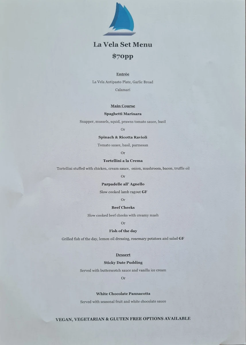 Menu, La Vela Restaurant