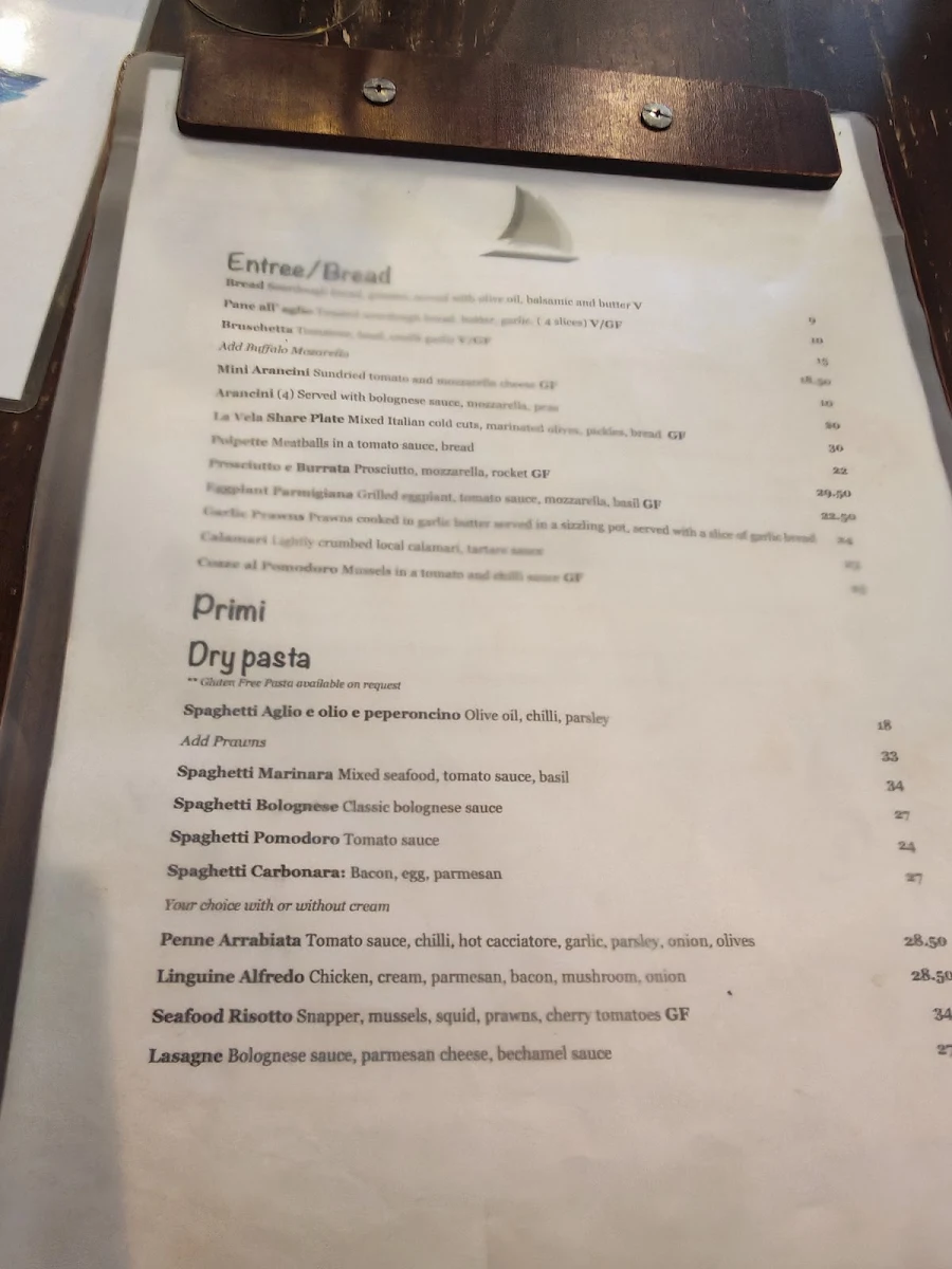 Menu, La Vela Restaurant