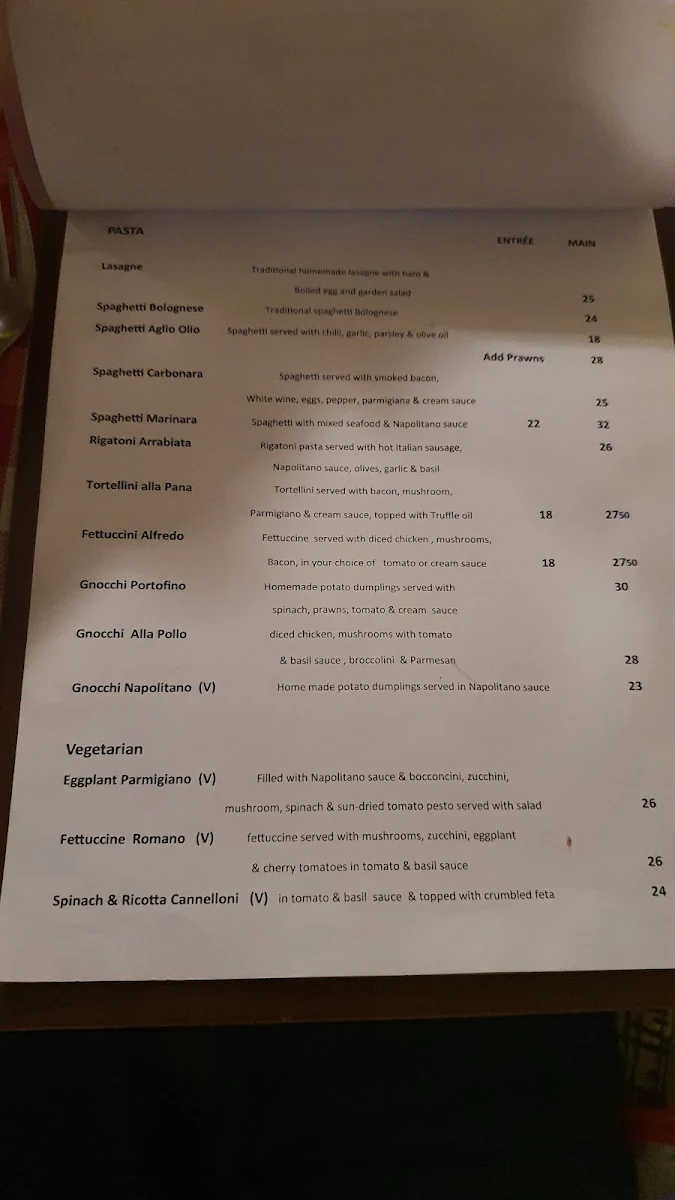 Menu, La Vela Restaurant