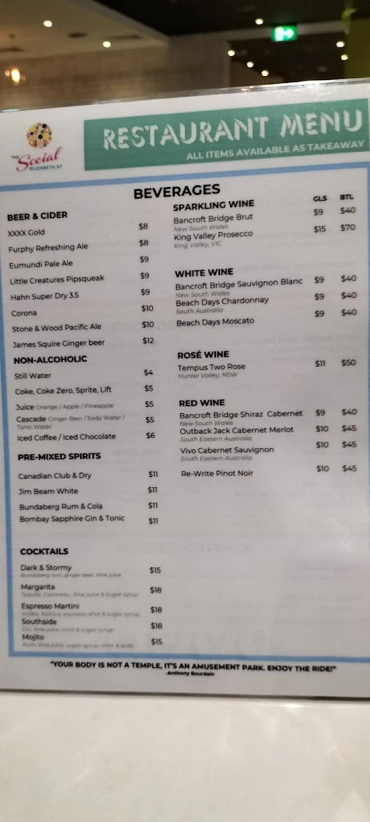 Menu, The Social Restaurant & Bar