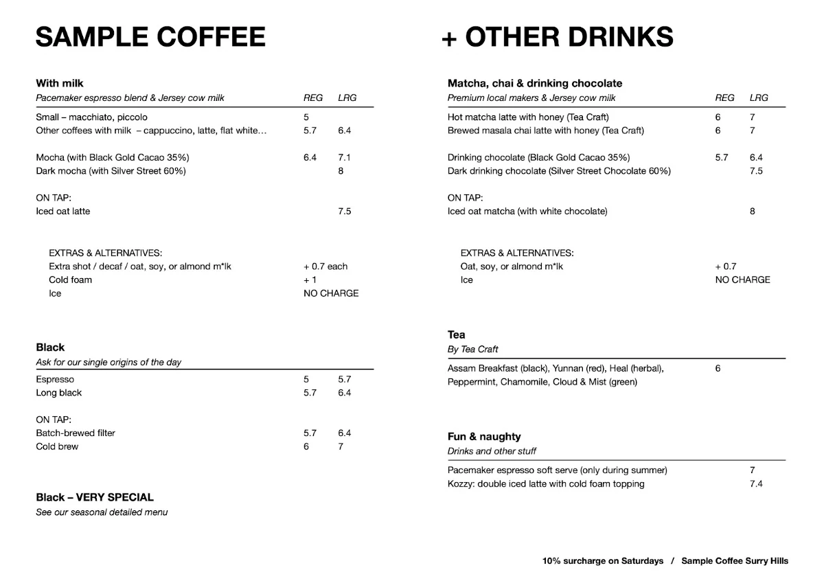 Menu, Sample Coffee