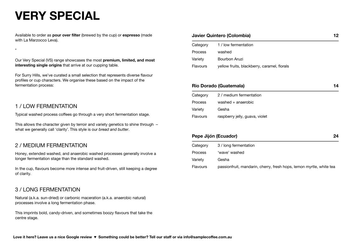Menu, Sample Coffee