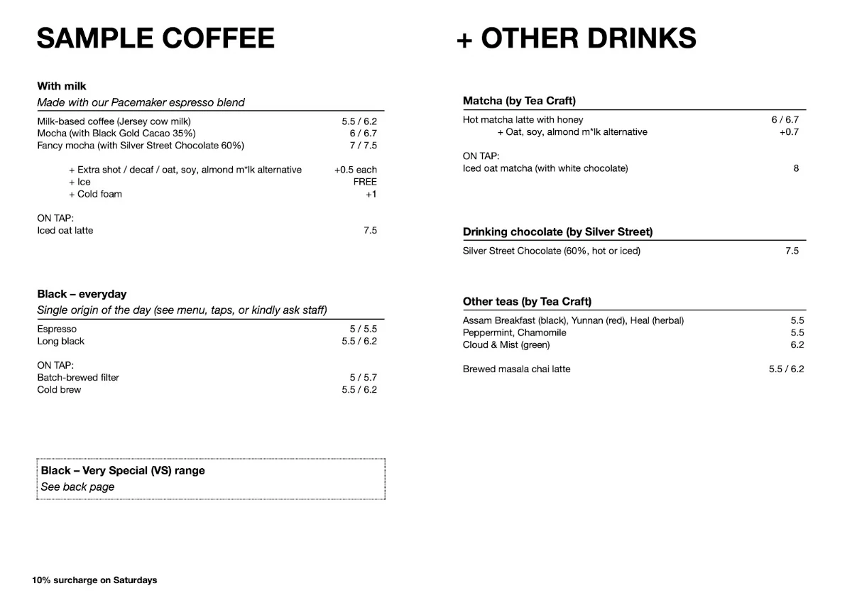 Menu, Sample Coffee