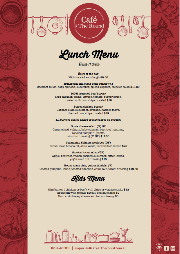 Menu, Cafe @ The Round