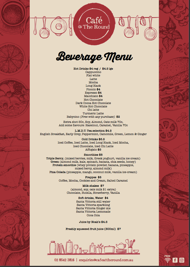Menu, Cafe @ The Round