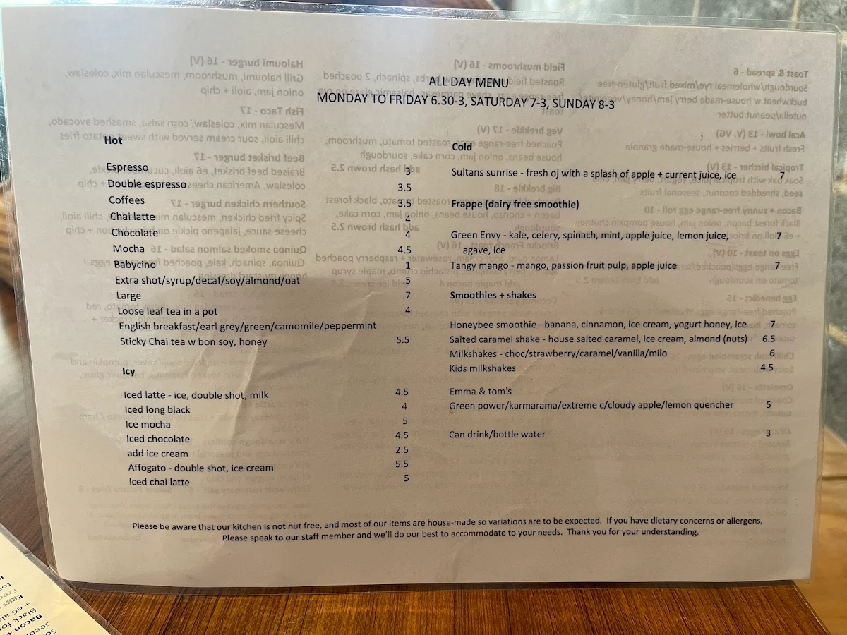Menu, ELEMENT 6 West Ryde