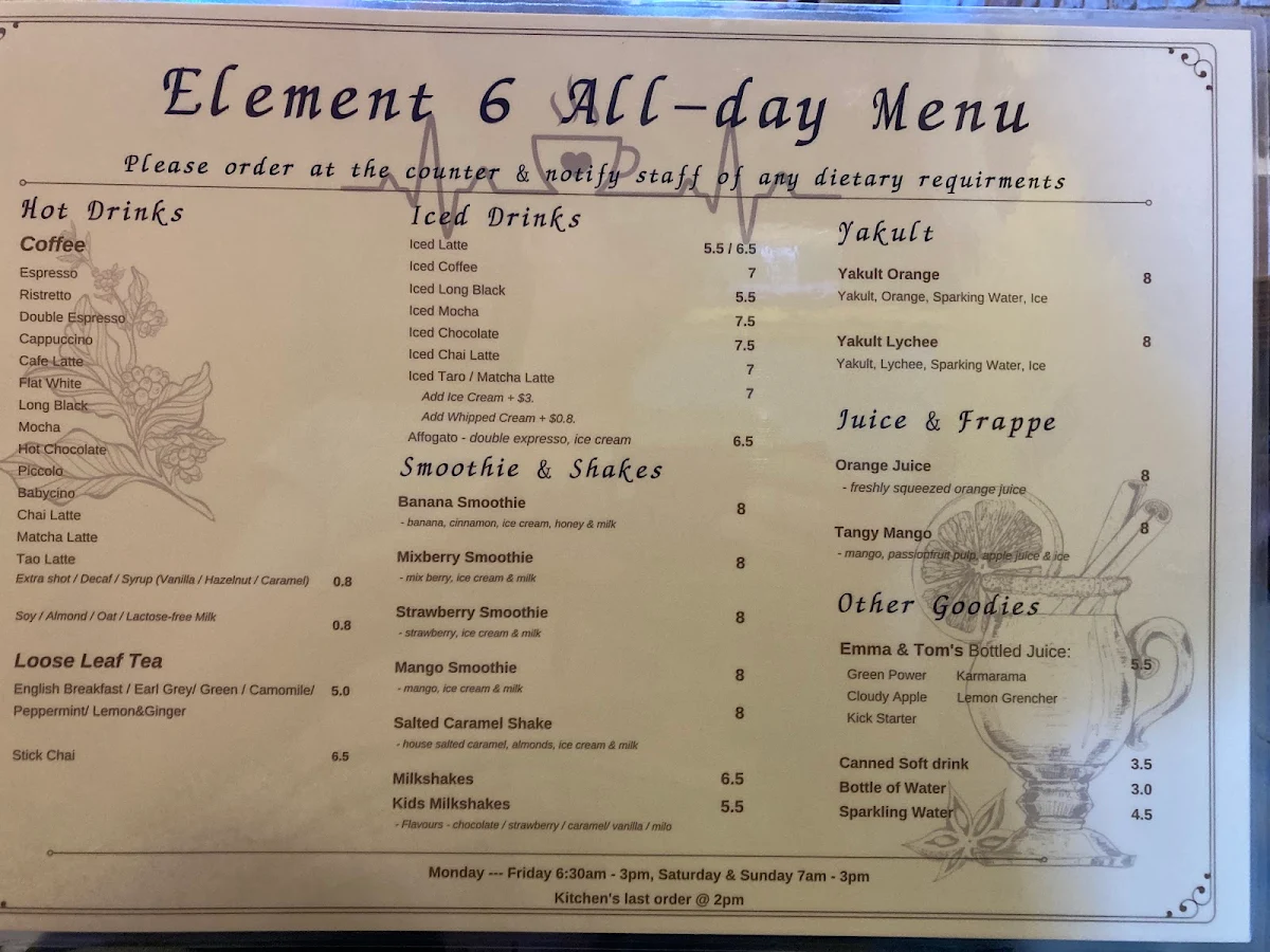 Menu, ELEMENT 6 West Ryde