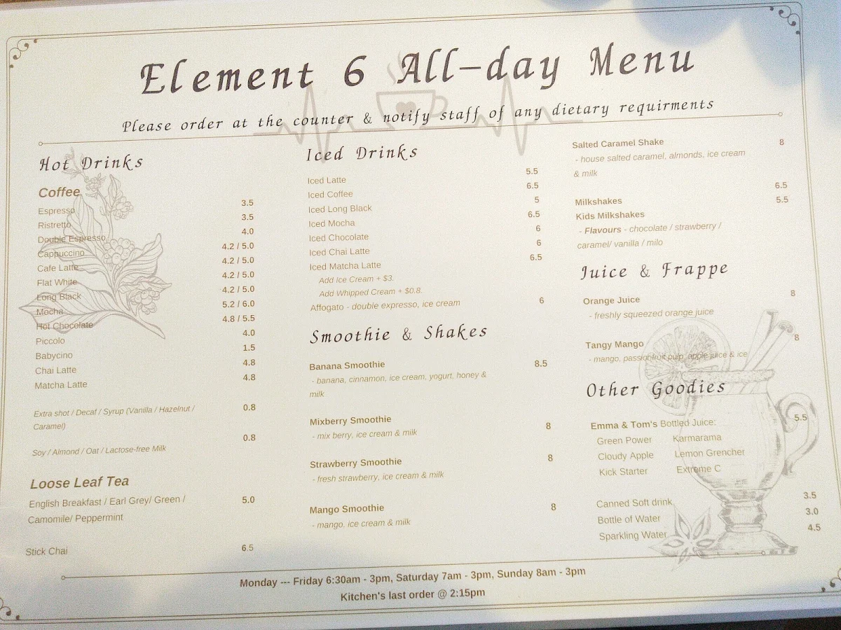Menu, ELEMENT 6 West Ryde