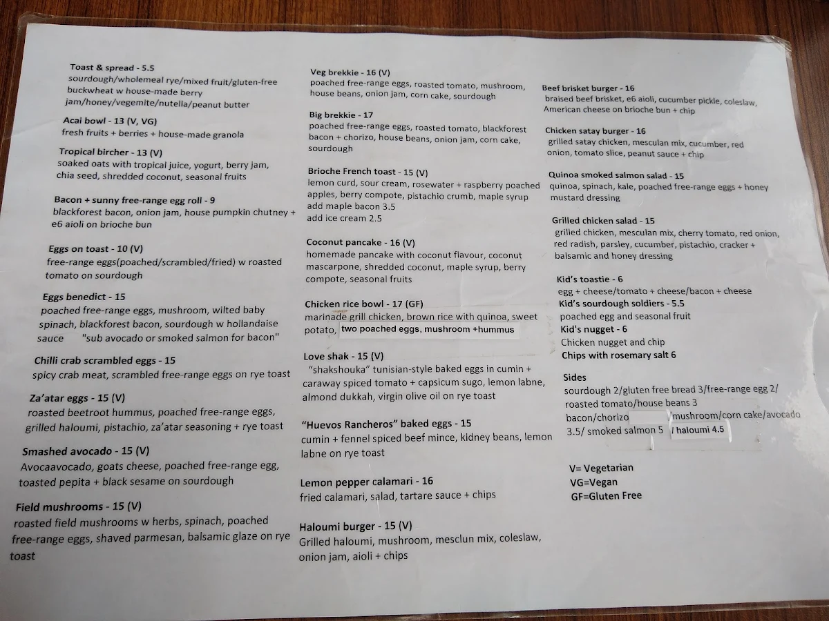 Menu, ELEMENT 6 West Ryde