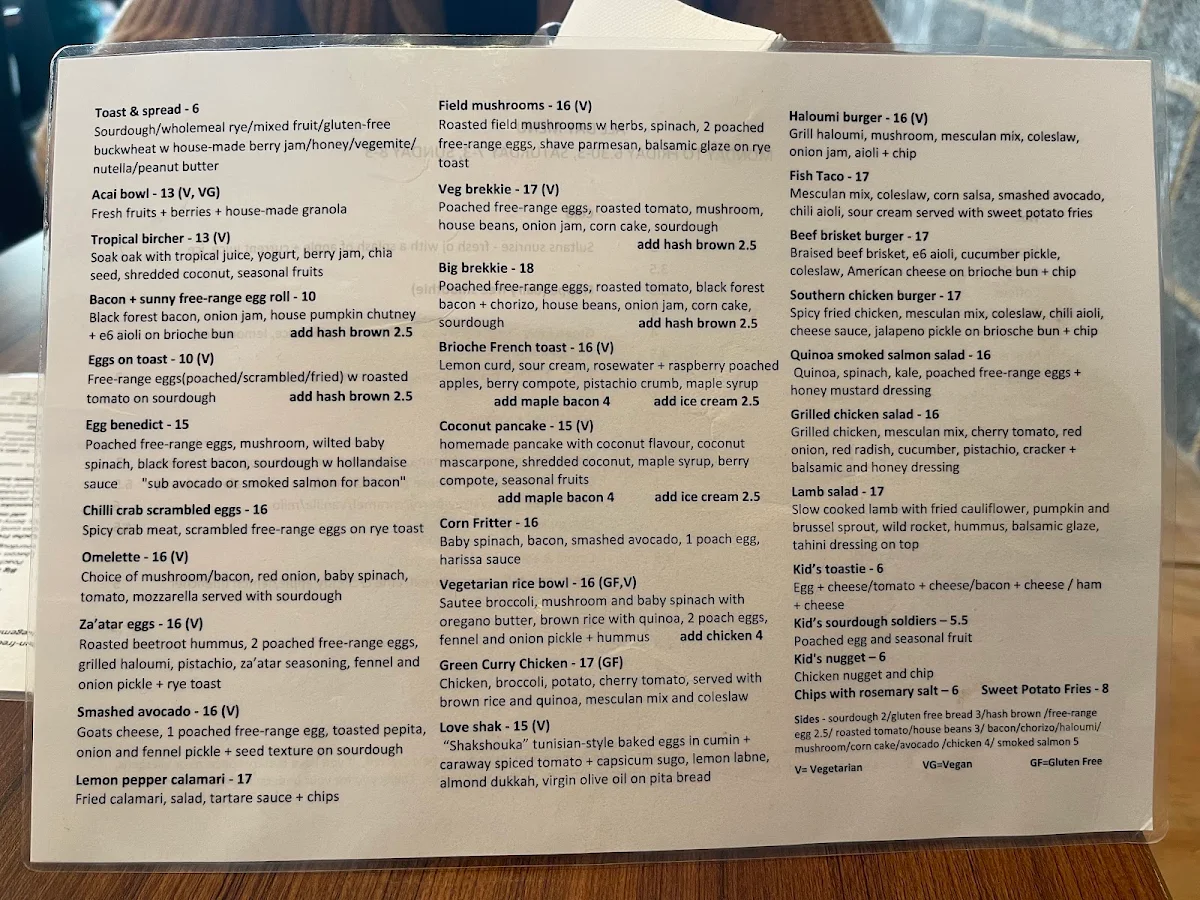 Menu, ELEMENT 6 West Ryde