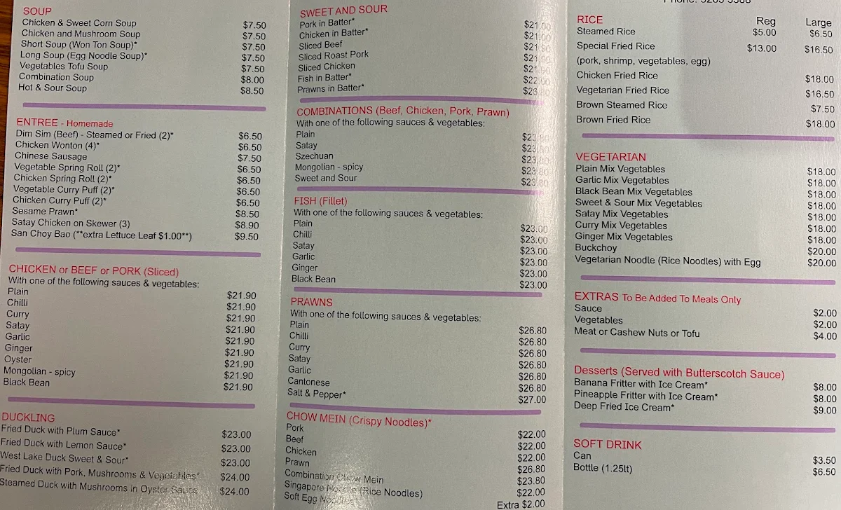 Menu, Rose Chinese Restaurant