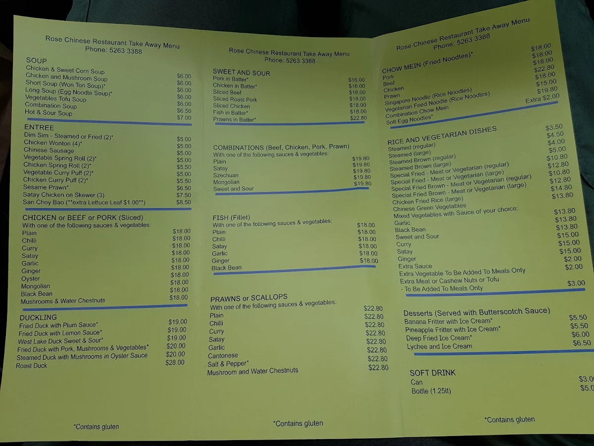 Menu, Rose Chinese Restaurant