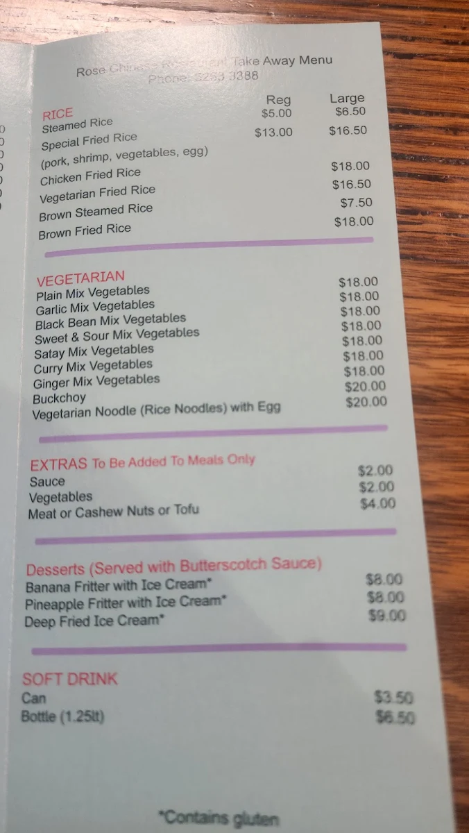 Menu, Rose Chinese Restaurant