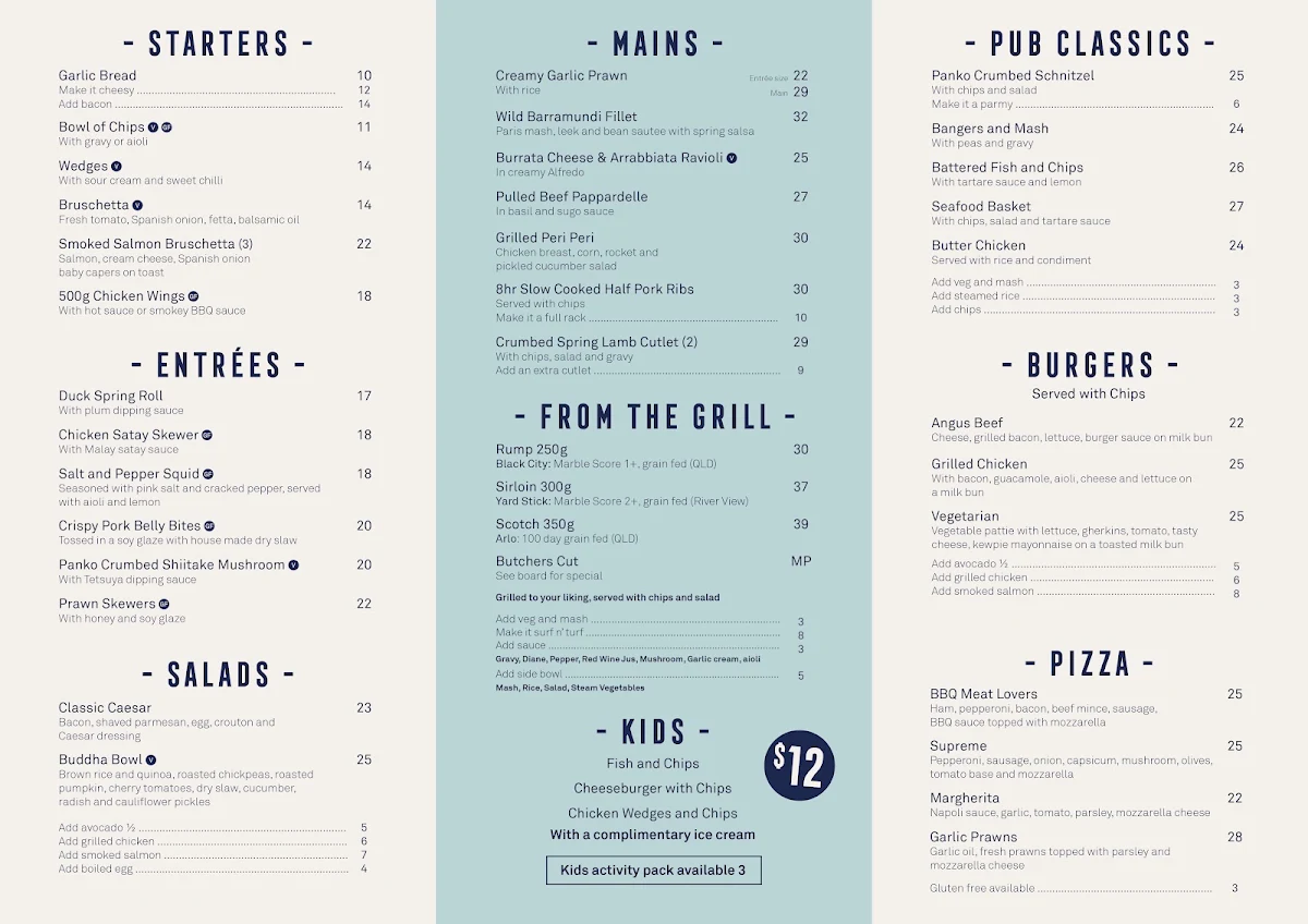 Menu, Shoreline Tavern Harrington Waters