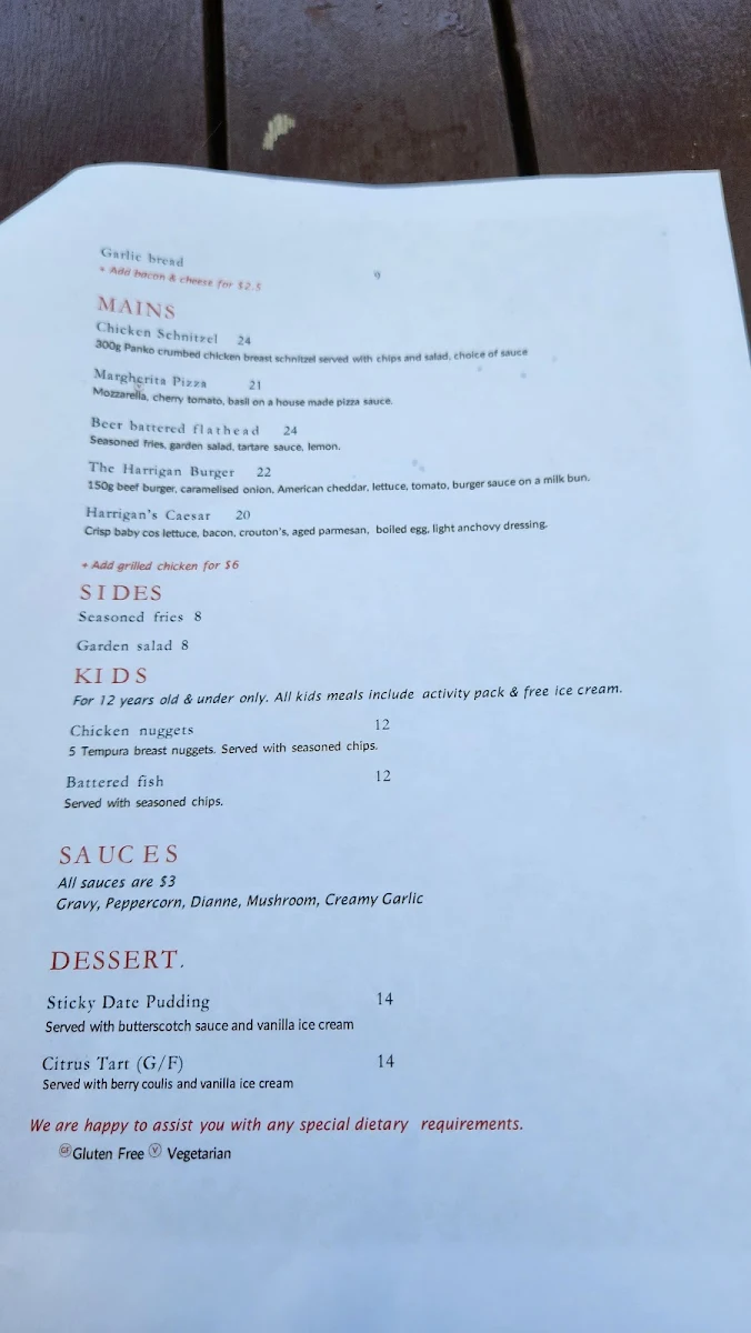 Menu, Shoreline Tavern Harrington Waters