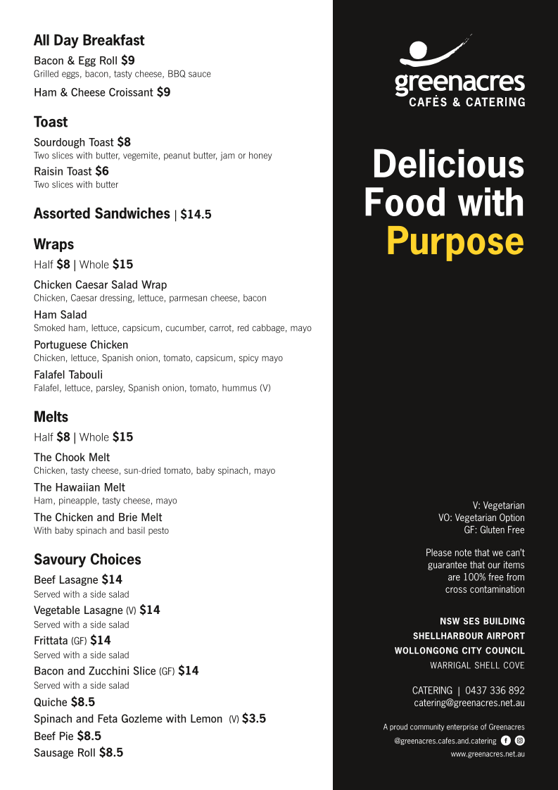 Menu, Greenacres Cafés & Catering Shellharbour Airport Cafe