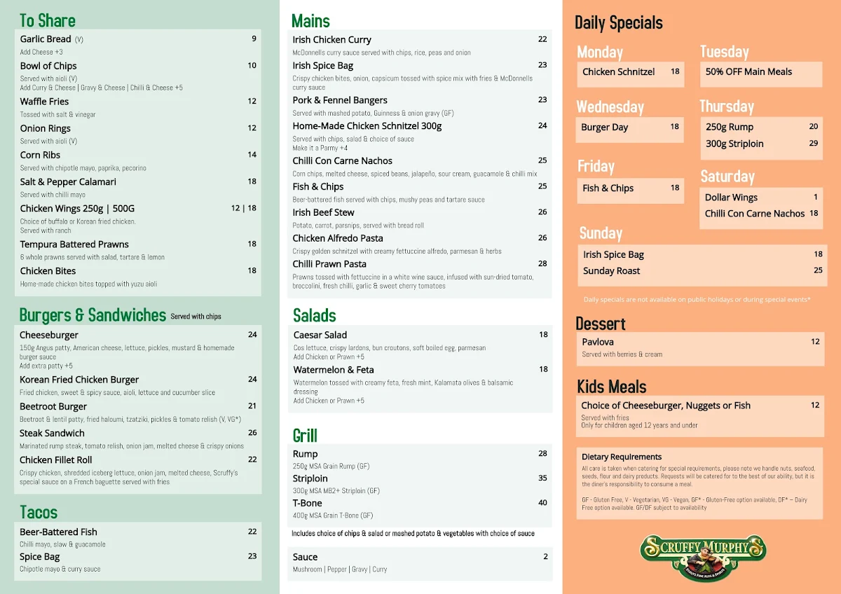 Menu, Scruffy Murphys Irish Bar