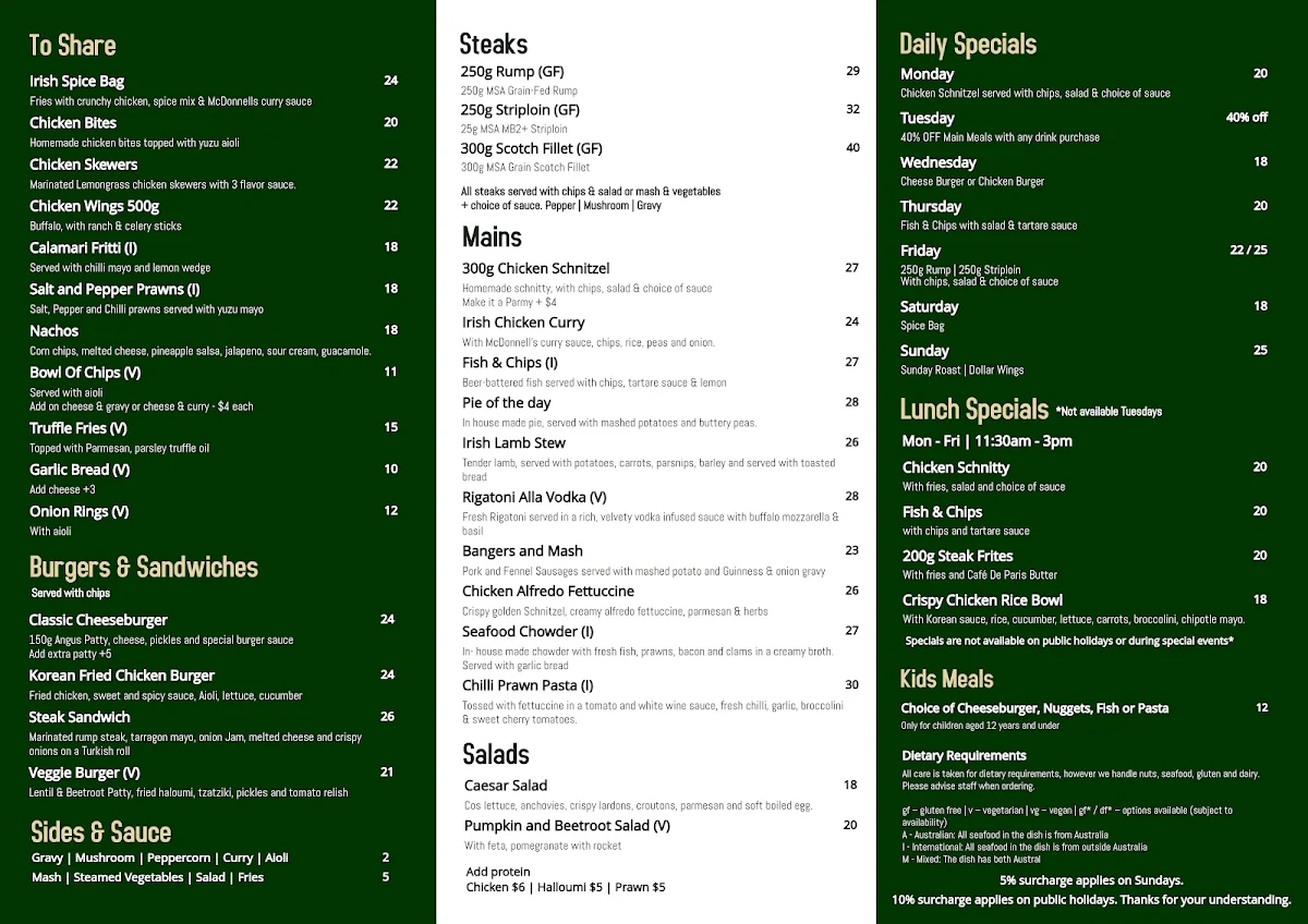 Menu, Scruffy Murphys Irish Bar