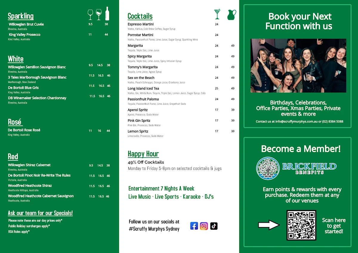 Menu, Scruffy Murphys Irish Bar