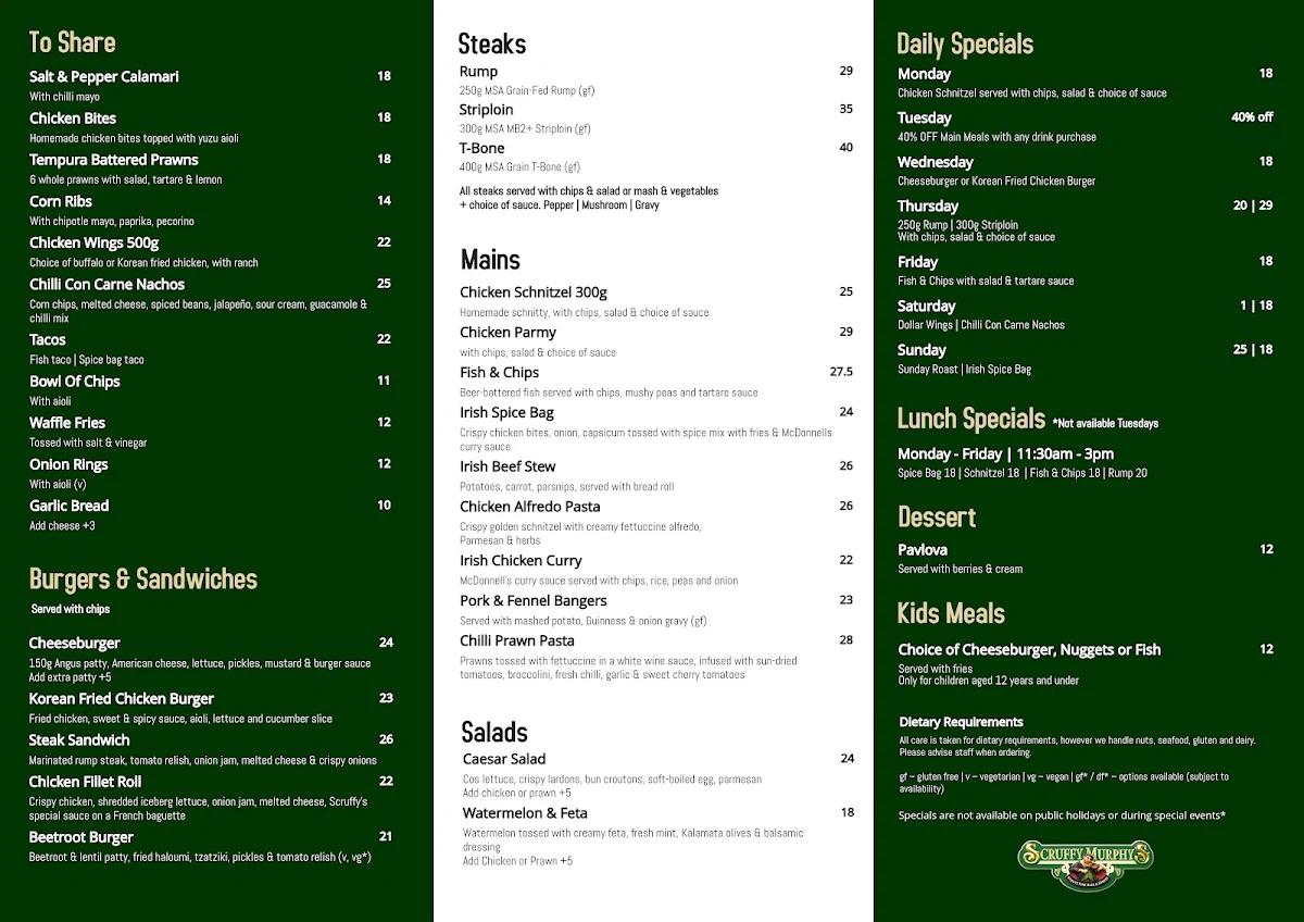 Menu, Scruffy Murphys Irish Bar