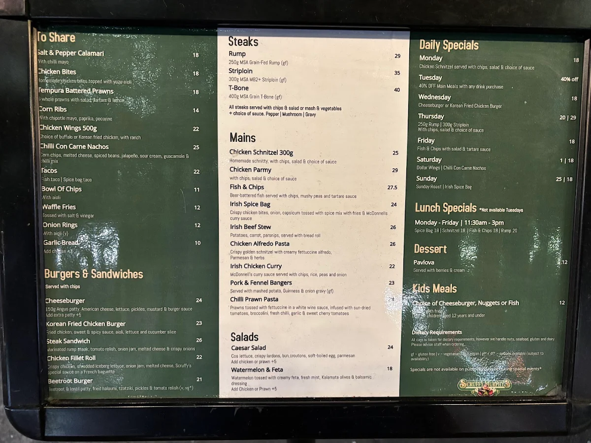 Menu, Scruffy Murphys Irish Bar
