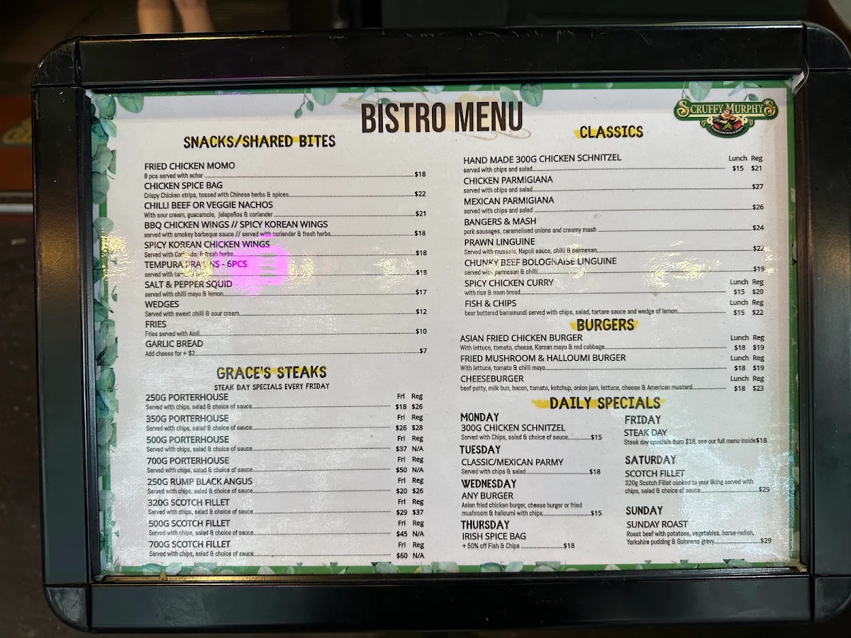 Menu, Scruffy Murphys Irish Bar