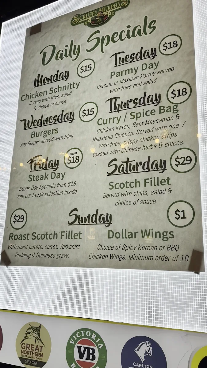 Menu, Scruffy Murphys Irish Bar