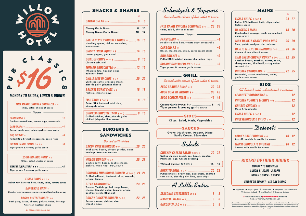 Menu, The Willow Hotel