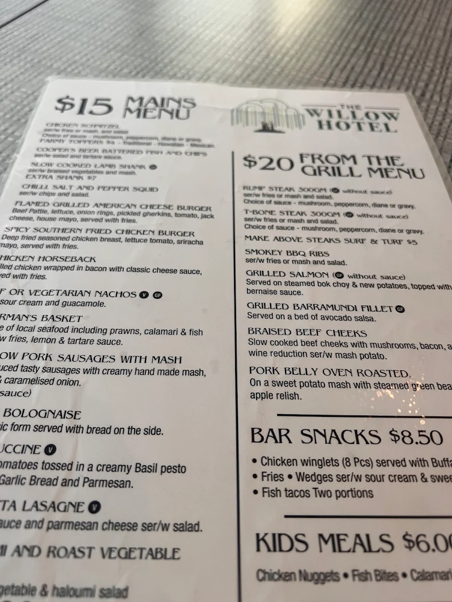 Menu, The Willow Hotel