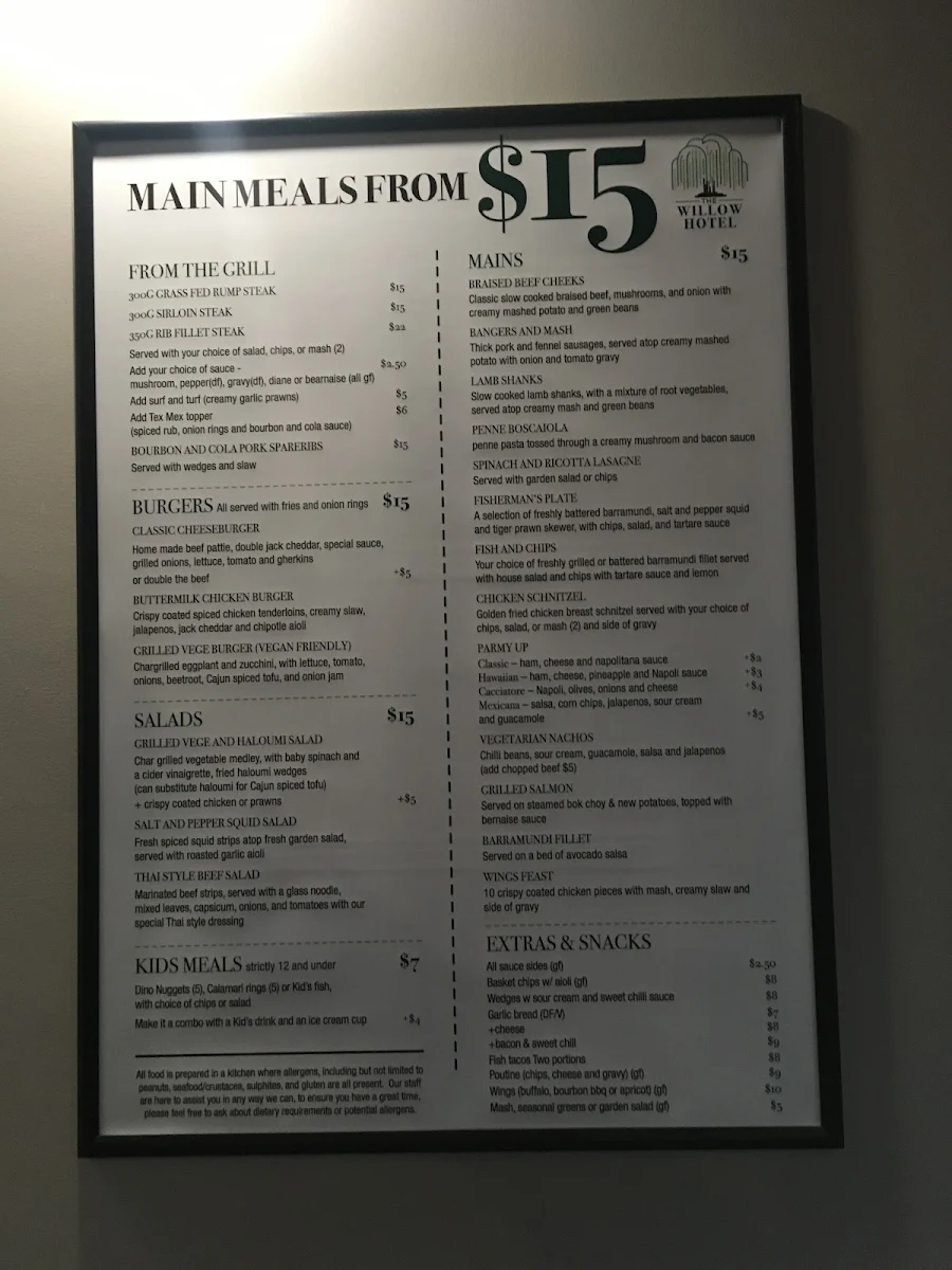 Menu, The Willow Hotel