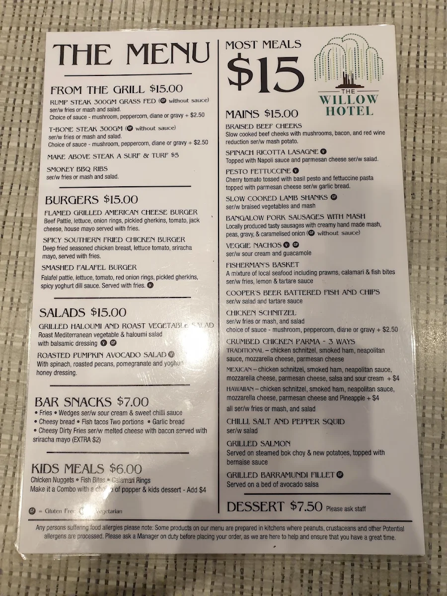 Menu, The Willow Hotel