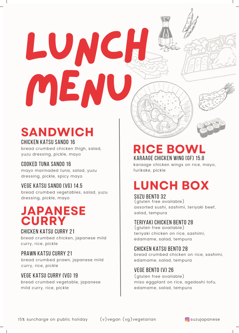 Menu, Suzu Japanese restaurant
