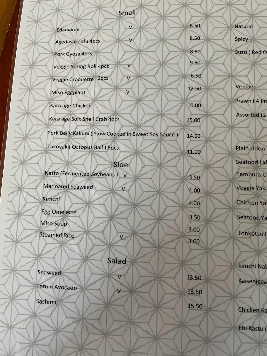 Menu, Suzu Japanese restaurant
