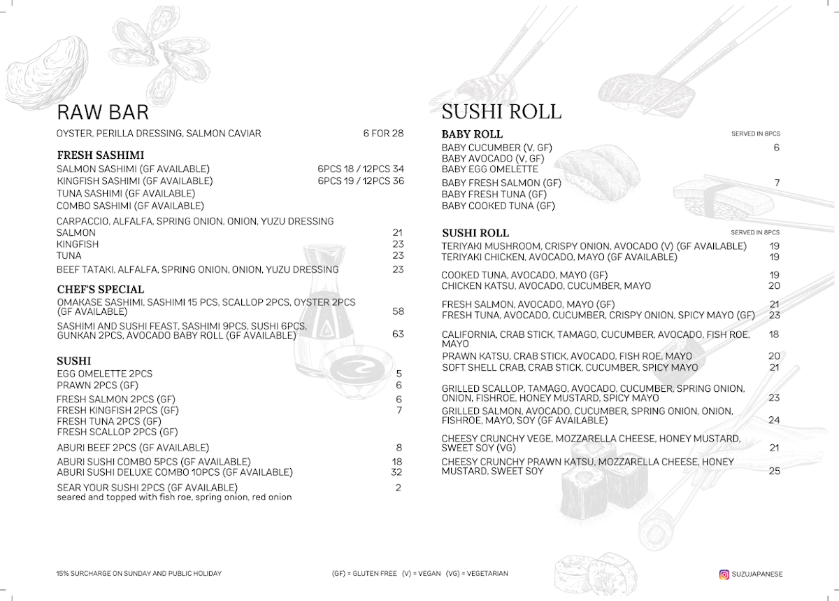 Menu, Suzu Japanese restaurant